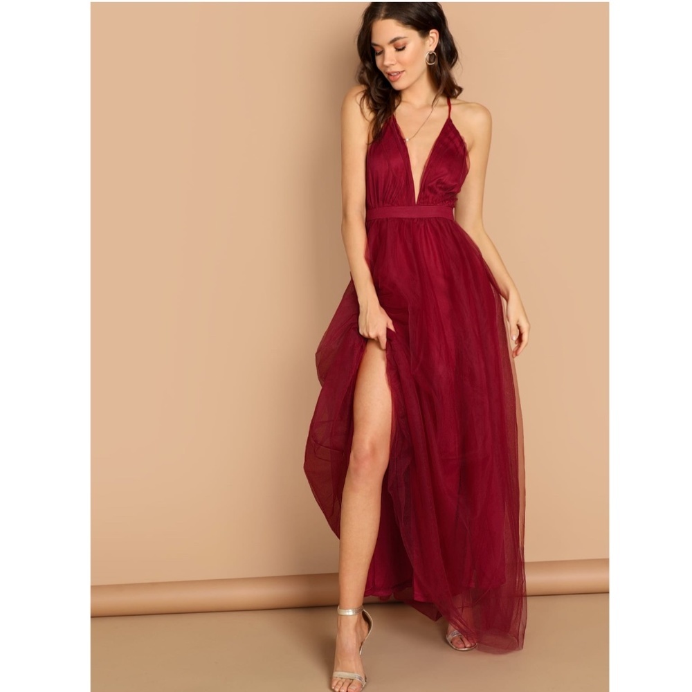 Burgundy Mesh Backless Maxi Dress V-Neck